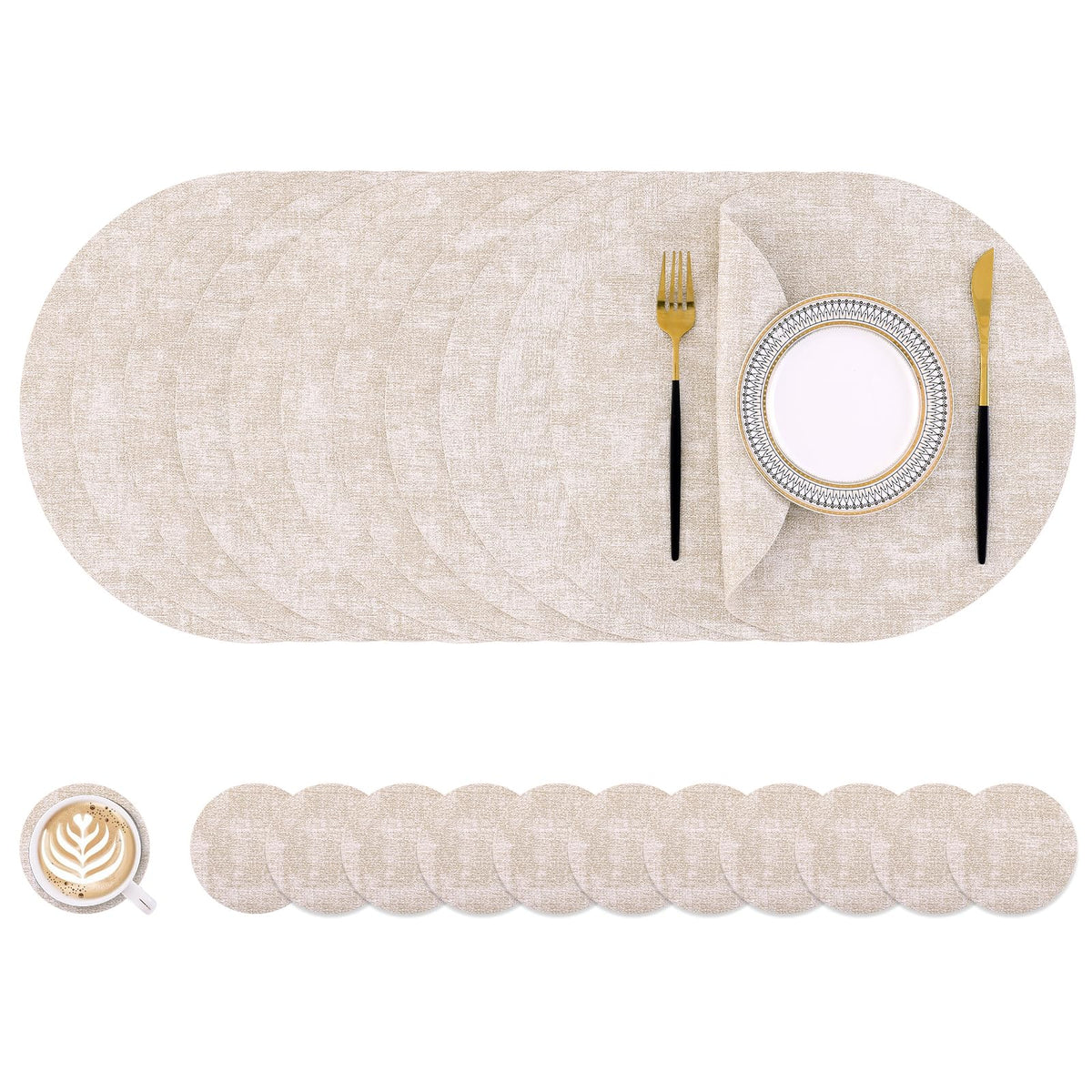 Homaxy Round Faux Leather Placemats and Coasters, Set of 4, Beige