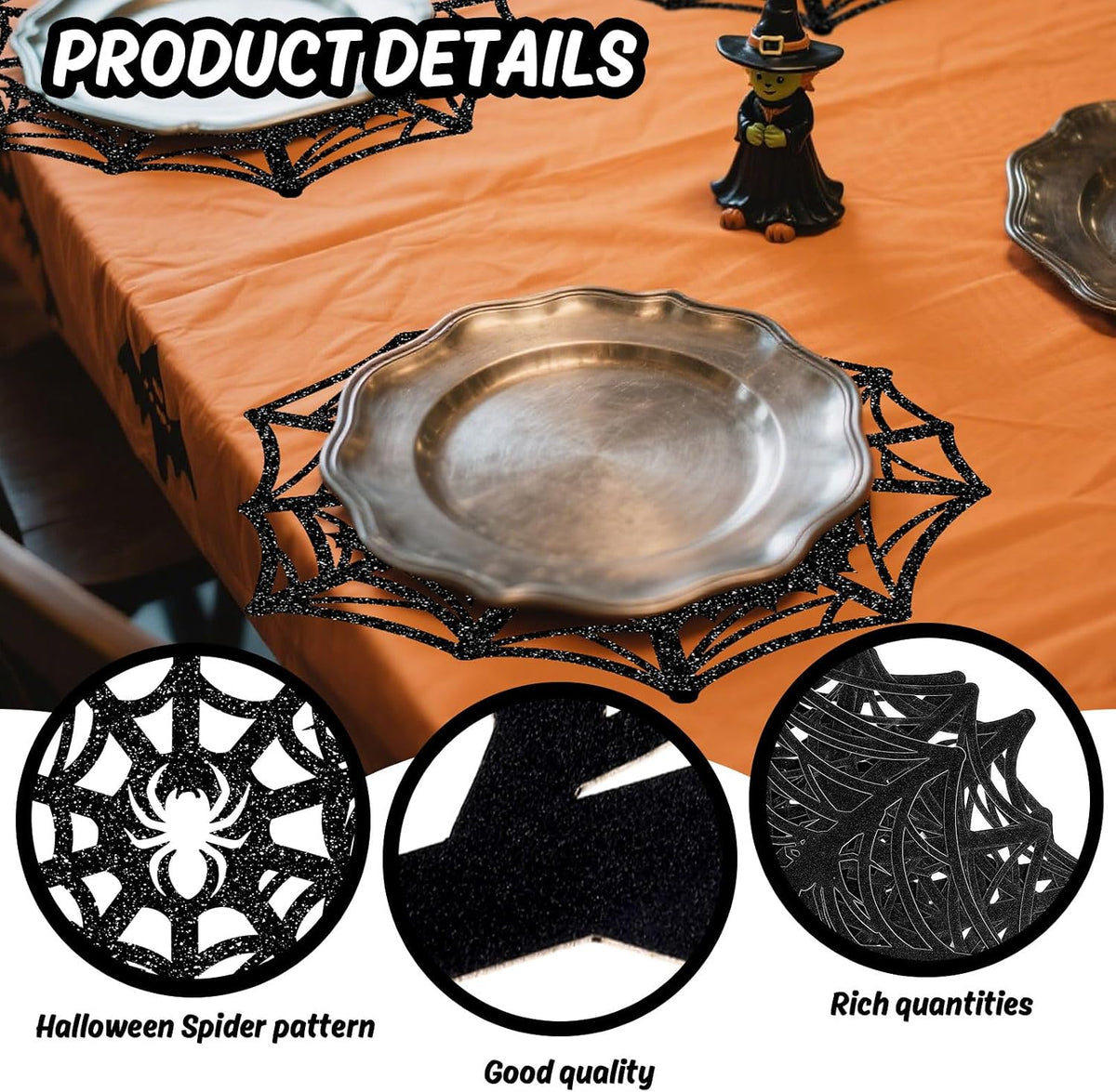 JarThenaAMCS 60Pcs Halloween Glitter Spider Web Disposable Paper Placemats Black Spiderweb Dining Table Mat Place Mats for Trick or Treat Party Home Table Setting, 13 x 13 Inch