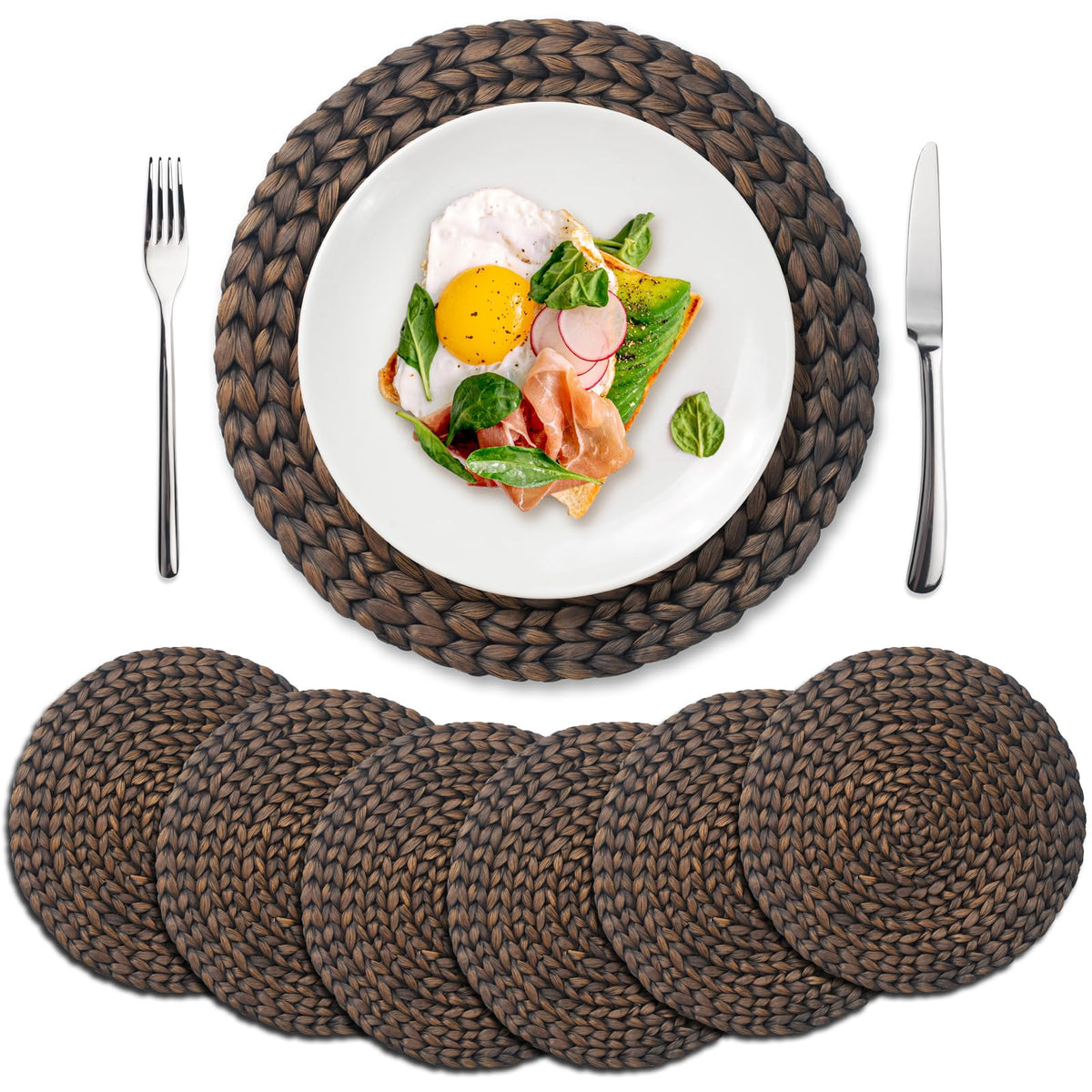 8 Pack, Round Woven Placemats, Natural Water Hyacinth Wicker Place Mats, Braided Straw Table Mats for Dining Table, Fall, Halloween, Thanksgiving, Christmas, Black (13.8 inch)