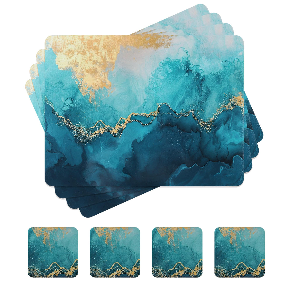 fanquare Hard Cork Placemats and Coasters Set of 4 with Marble Pattern Design Easy to Clean Abstract Artistic Placemat for Dining Table Décor, Gold Sand