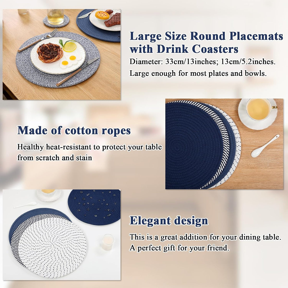 SHACOS Cotton Rope Woven Round Placemats Set of 6 with Coasters, 13 Inch