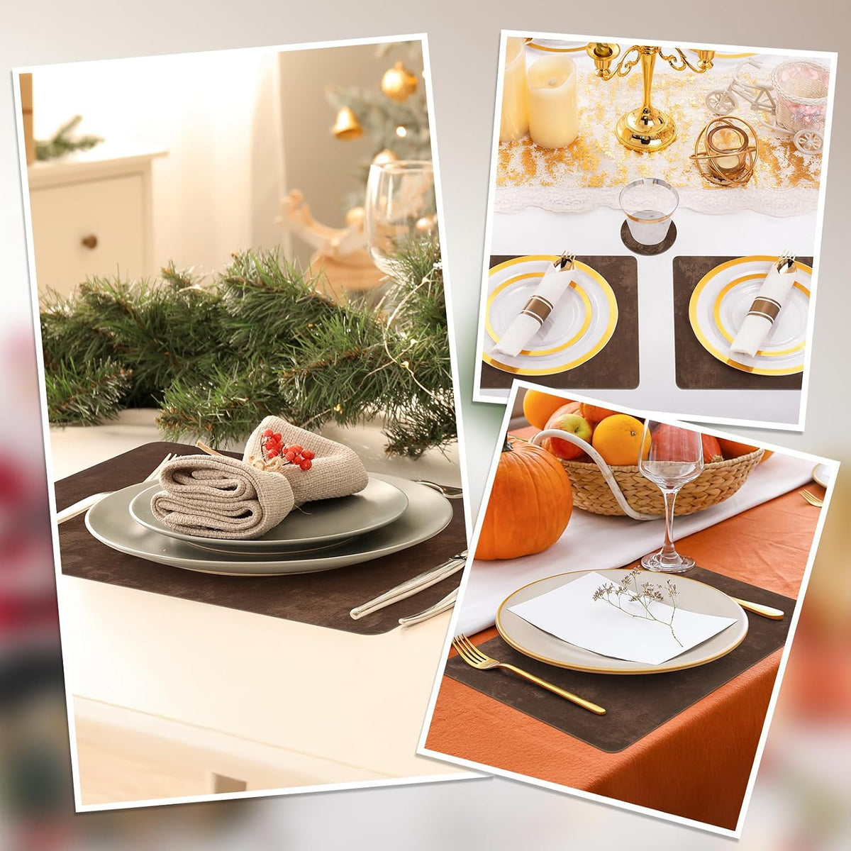 comfoyar Faux Leather Placemats with Coasters Set of 6, 12x17 Inch Heat Resistant Dual-Sided Imitation Velvet Dark Brown Place Mats, Waterproof Wipeable Table Mats for Kitchen Dining Party Decoration