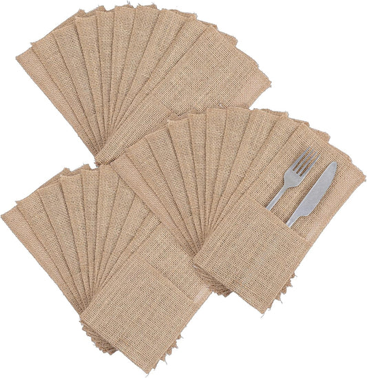 60 Pcs Burlap Utensils Cutlery Holders, 4.3"x9" Natural Jute Cutlery Pouch Reusable Silverware Holder Knives Forks Spoon Napkin Bag for Vintage Rustic Wedding Party Decorations favors
