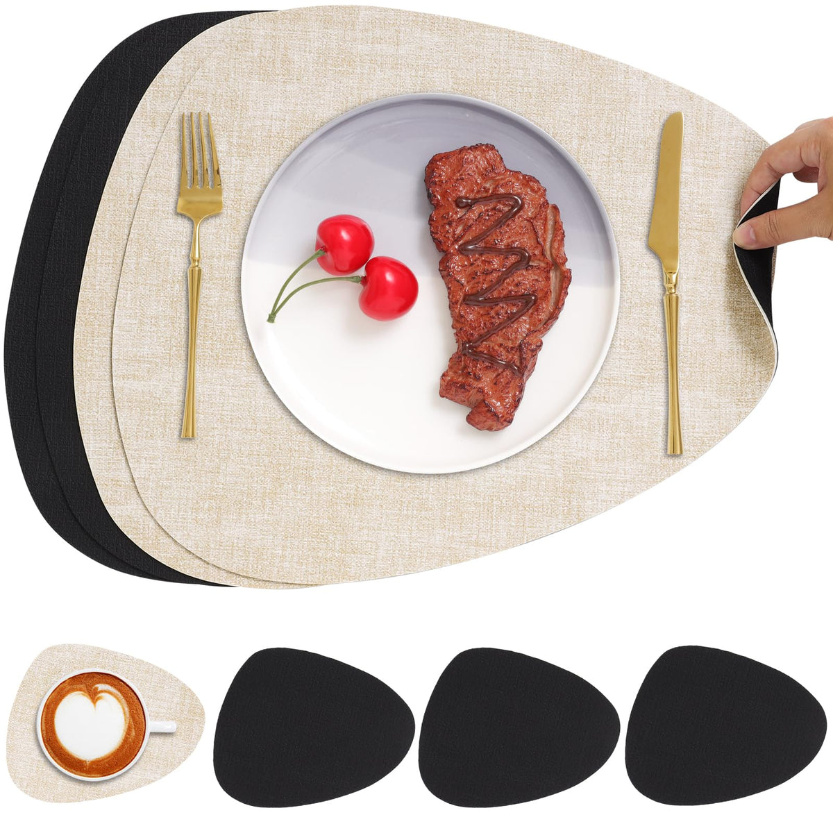 Faux Leather Placemats Set of 4, Dual Sided with Drink Coasters
