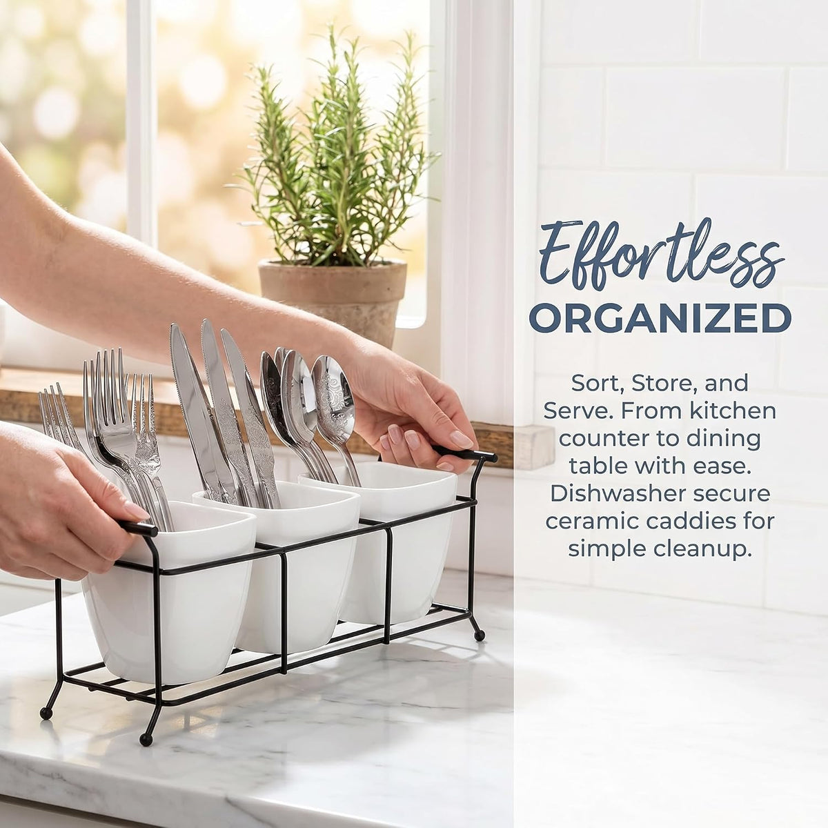 Bekith 3-Piece Ceramic Flatware Caddy with Metal Rack, Utensil Holder Silverware Caddy Cutlery Organizer, White