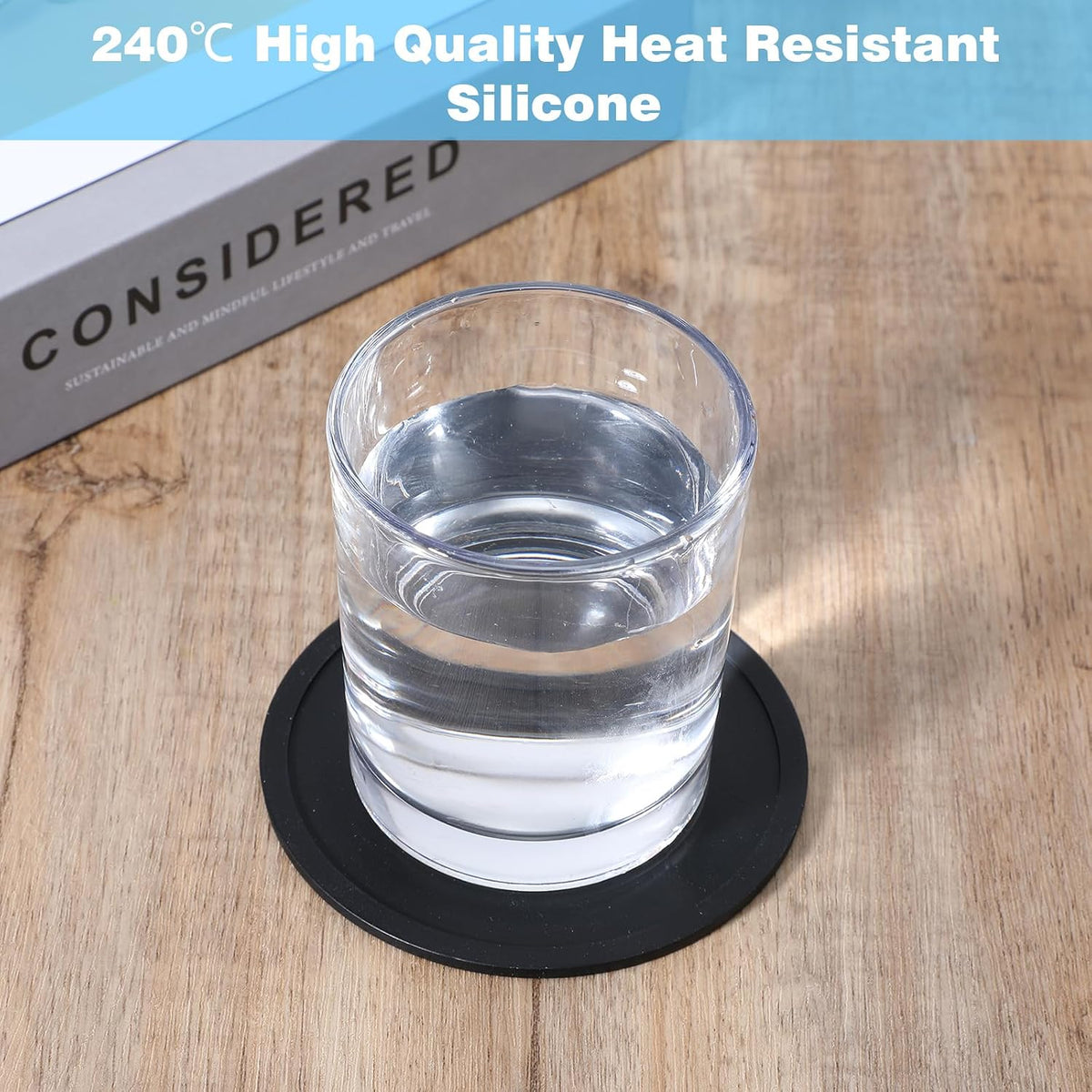 4pcs Silicone Drink Coasters, Non Slip Round Black Table Pads Desk Coasters Anti Stain & Heat Resistant Rubber Cushion Mat for Office Desk Kitchen Beverage Bar Coffee Tea