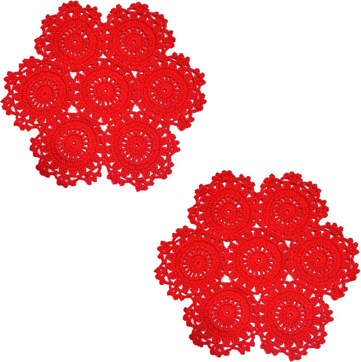 2PCS 10 Inch Sunflower Crochet Place Mats Lace Doilies Coasters Handmade Round Spliced Sunflower Table Cup Mats Easter Mother's Day Decoration,Red