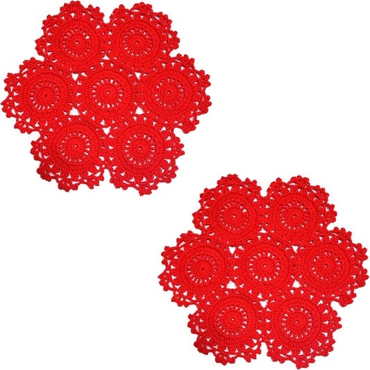 2PCS 10 Inch Sunflower Crochet Place Mats Lace Doilies Coasters Handmade Round Spliced Sunflower Table Cup Mats Easter Mother's Day Decoration,Red