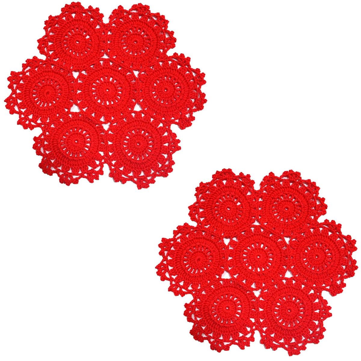 2PCS 10 Inch Sunflower Crochet Place Mats Lace Doilies Coasters Handmade Round Spliced Sunflower Table Cup Mats Easter Mother's Day Decoration,Red