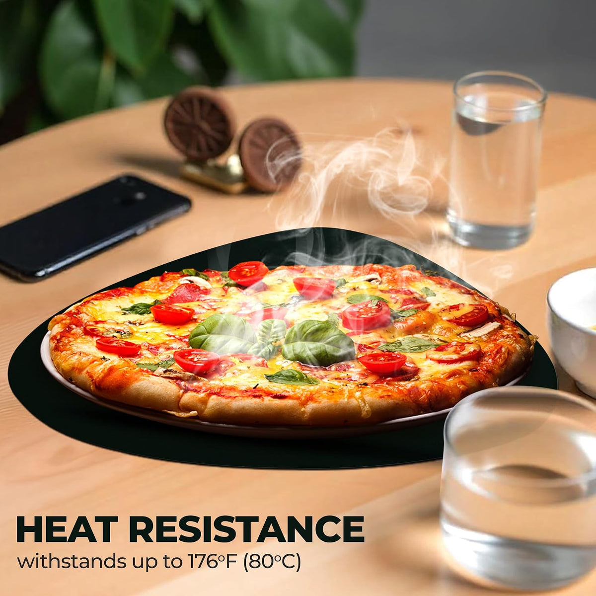 Faux Leather Placemats and Coasters - Set of 4 Round Modern Dark Green Table Mats for Dining - Heat Resistant, Waterproof & Non Slip Place mat for Indoor & Outdoor - Wipeable for Easy Care