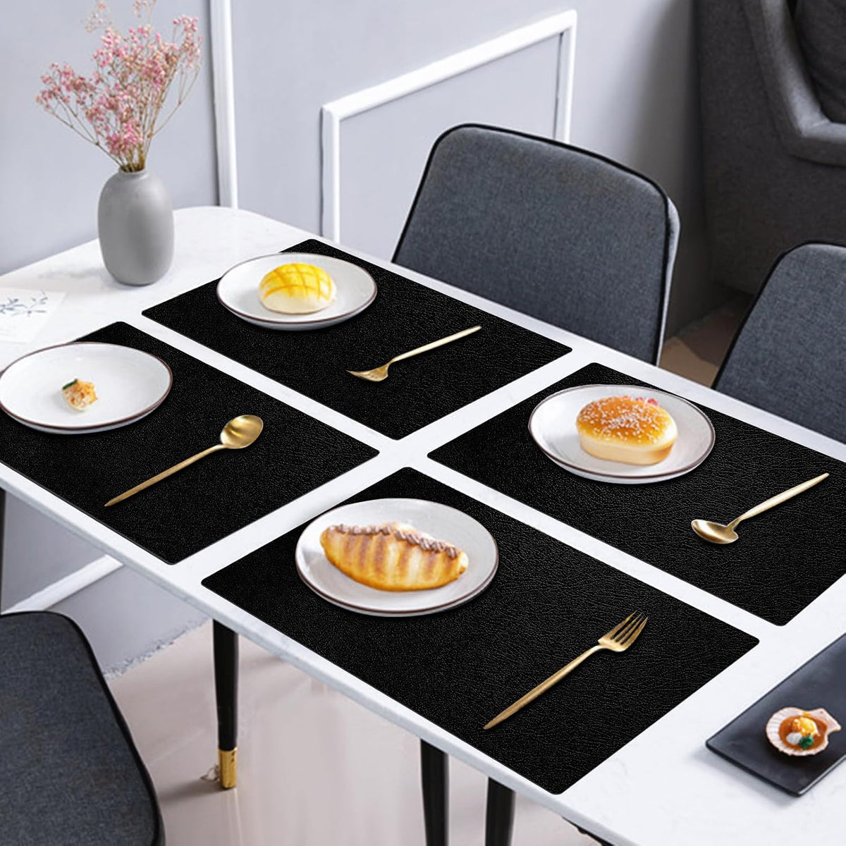 Placemats and Coasters Set of 6, Waterproof、Oil-Proof Wipeable、Anti Slip PVC Leather Place Mats, Heat Resistant Reversible Table Mats for Kitchen, Dining, Outdoor 17’’×12’’, (Black)