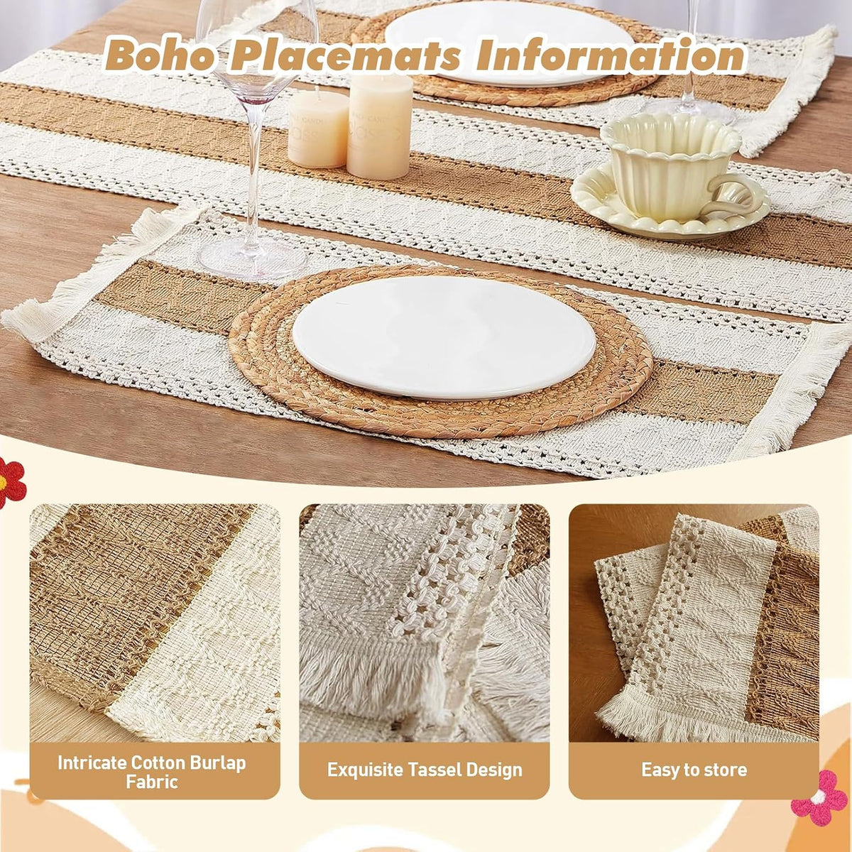 Boho Placemats Set of 6, 32-Piece Table Decor, Farmhouse Rustic Style