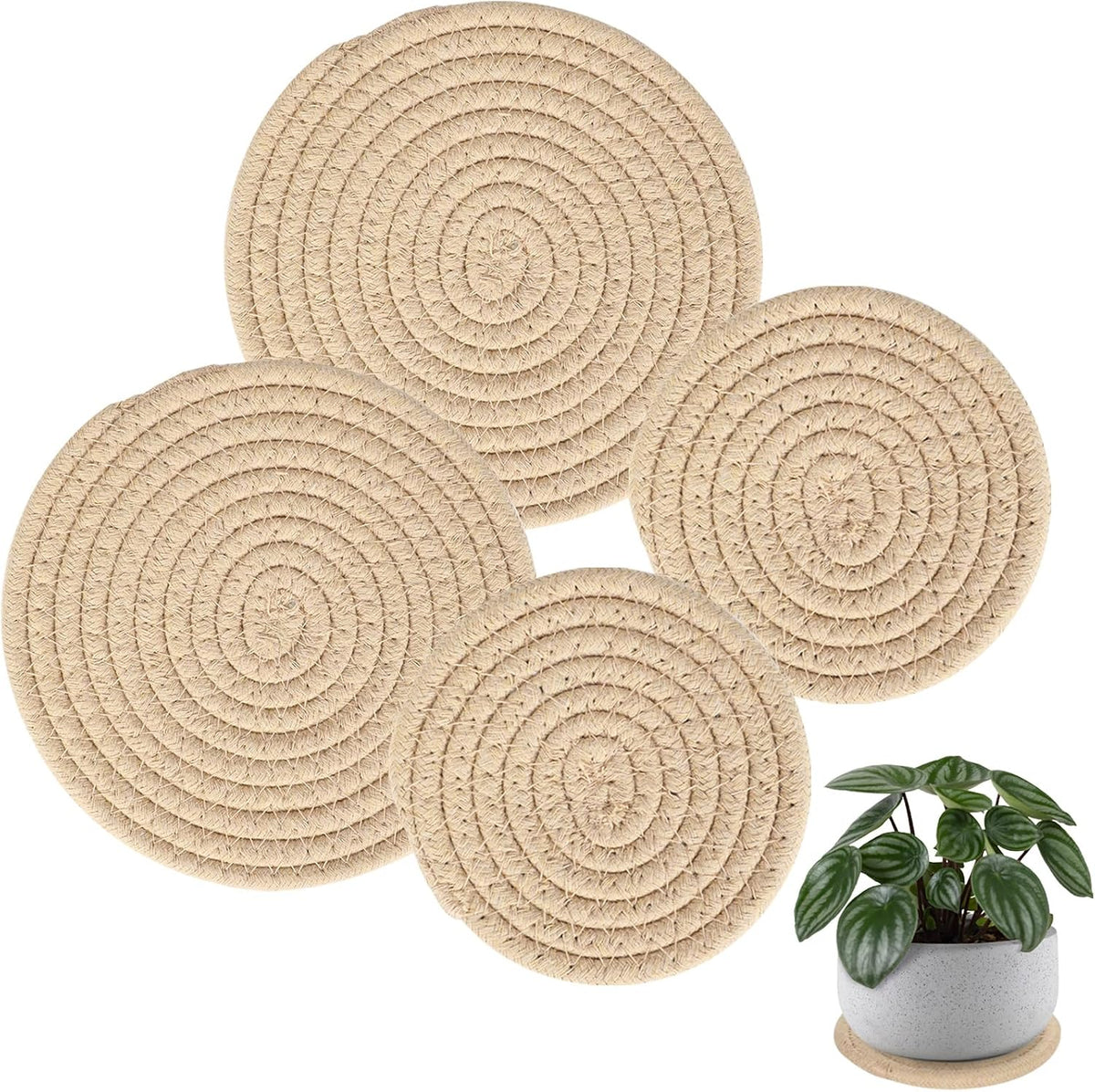 4 PCS Plant Coasters 4 & 7 Inch Woven Plant Saucer Coaster for Gardening Indoor and Outdoor Pots (Khaki)
