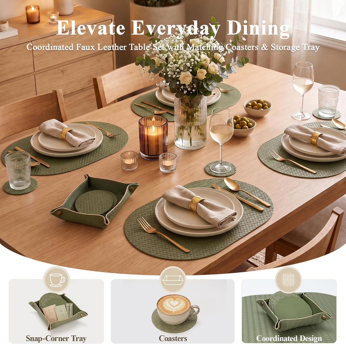 Woven Faux Leather Oval Placemats Set of 4/6 with Coasters & Tray, Heat Resistant, Non-Slip, Washable Dining Table Mats