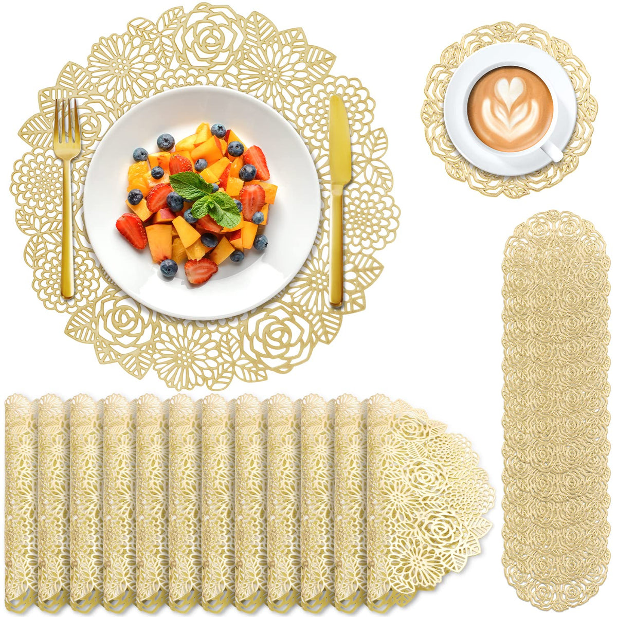 12 Pcs Round Pressed Vinyl Placemats Gold Placemat Coaster Set Metallic Place Mat Rose Floral Non Slip Table Mats for Wedding Dinner Party Table Supplies Washable Heat Resistant (Gold Rose, 12)