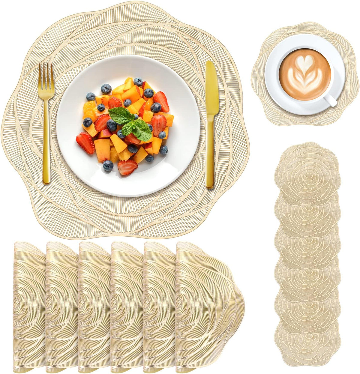 12 Pcs Round Pressed Vinyl Placemats Gold Placemat Coaster Set Metallic Place Mat Rose Floral Non Slip Table Mats for Wedding Dinner Party Table Supplies Washable Heat Resistant (Gold Rose, 12)