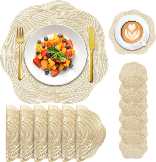 12 Pcs Round Pressed Vinyl Placemats Gold Placemat Coaster Set Metallic Place Mat Rose Floral Non Slip Table Mats for Wedding Dinner Party Table Supplies Washable Heat Resistant (Gold Rose, 12)