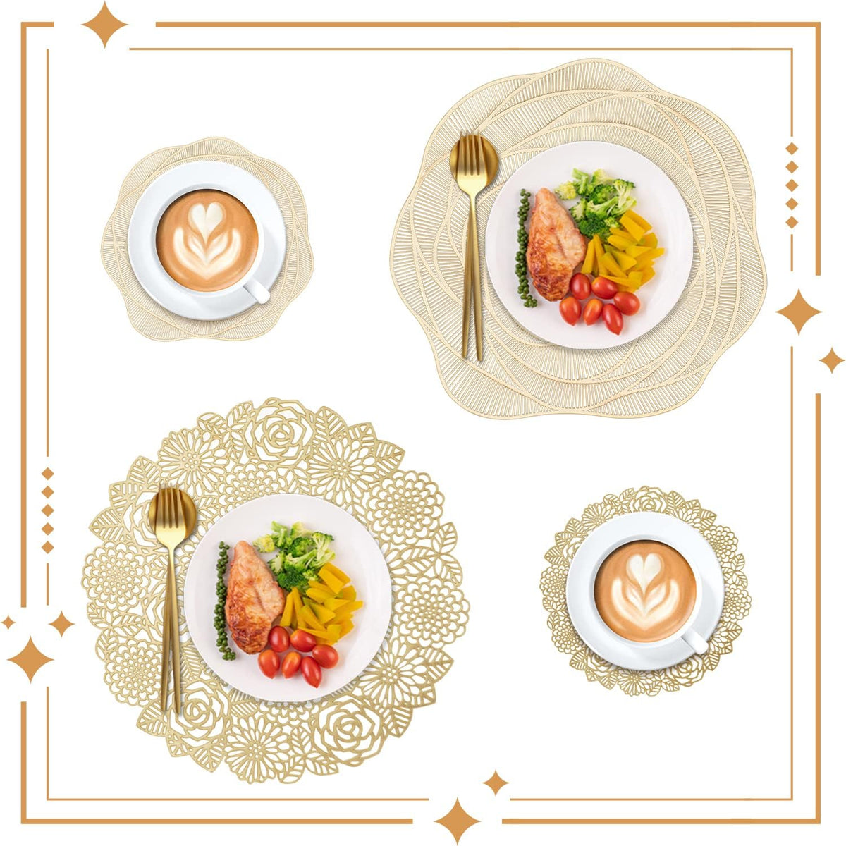 12 Pcs Round Pressed Vinyl Placemats Gold Placemat Coaster Set Metallic Place Mat Rose Floral Non Slip Table Mats for Wedding Dinner Party Table Supplies Washable Heat Resistant (Gold Rose, 12)