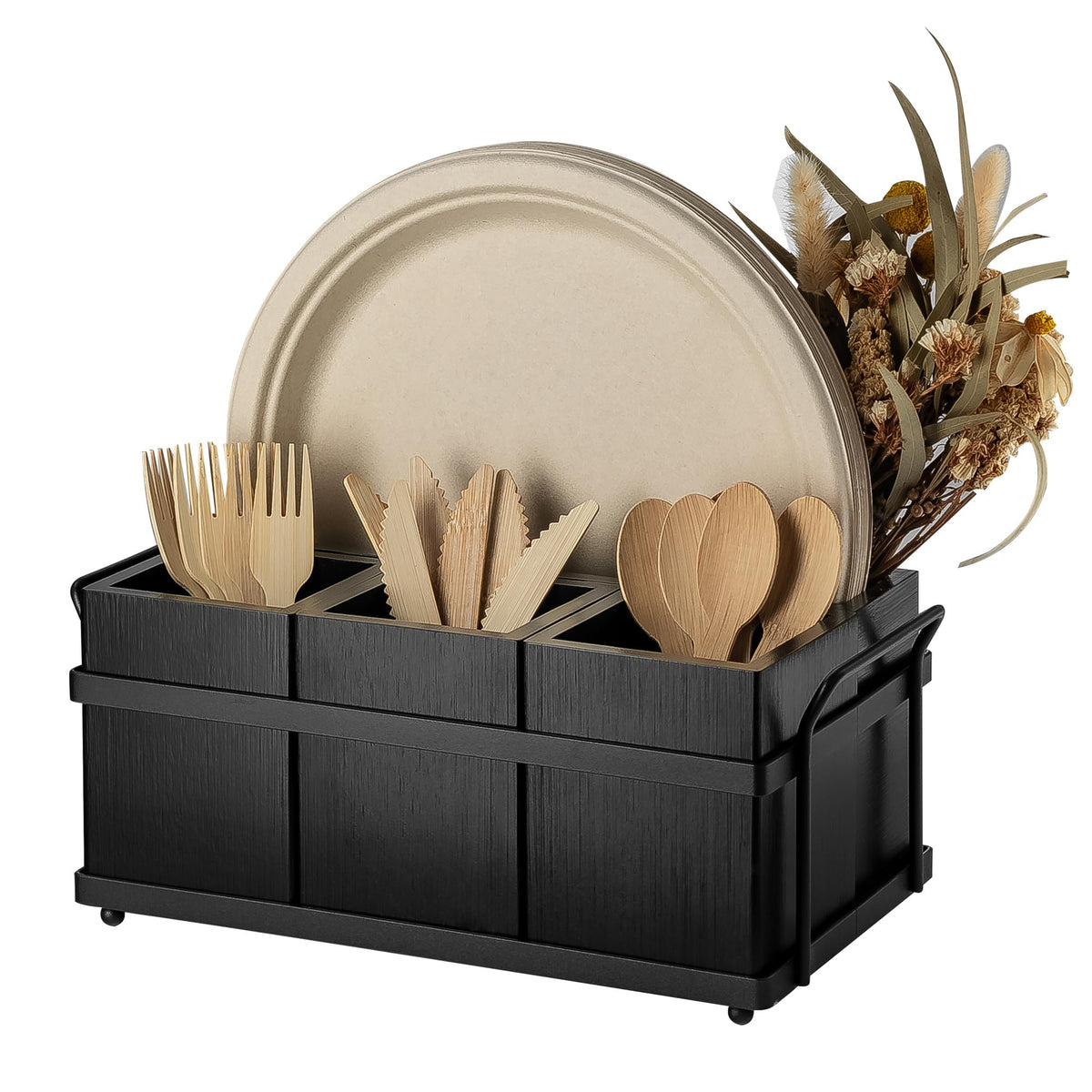 PTSTING Silverware Caddy Wood Utensil Holder Paper Plate Dispenser Silverware Utensil Caddy Cutlery Flatware Organizer Box for Spoons Forks Plates Napkins
