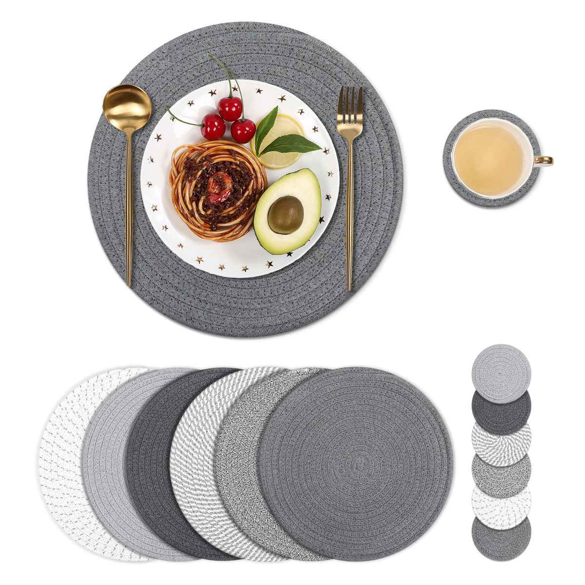 SHACOS Cotton Rope Woven Round Placemats Set of 6 with Coasters, 13 Inch