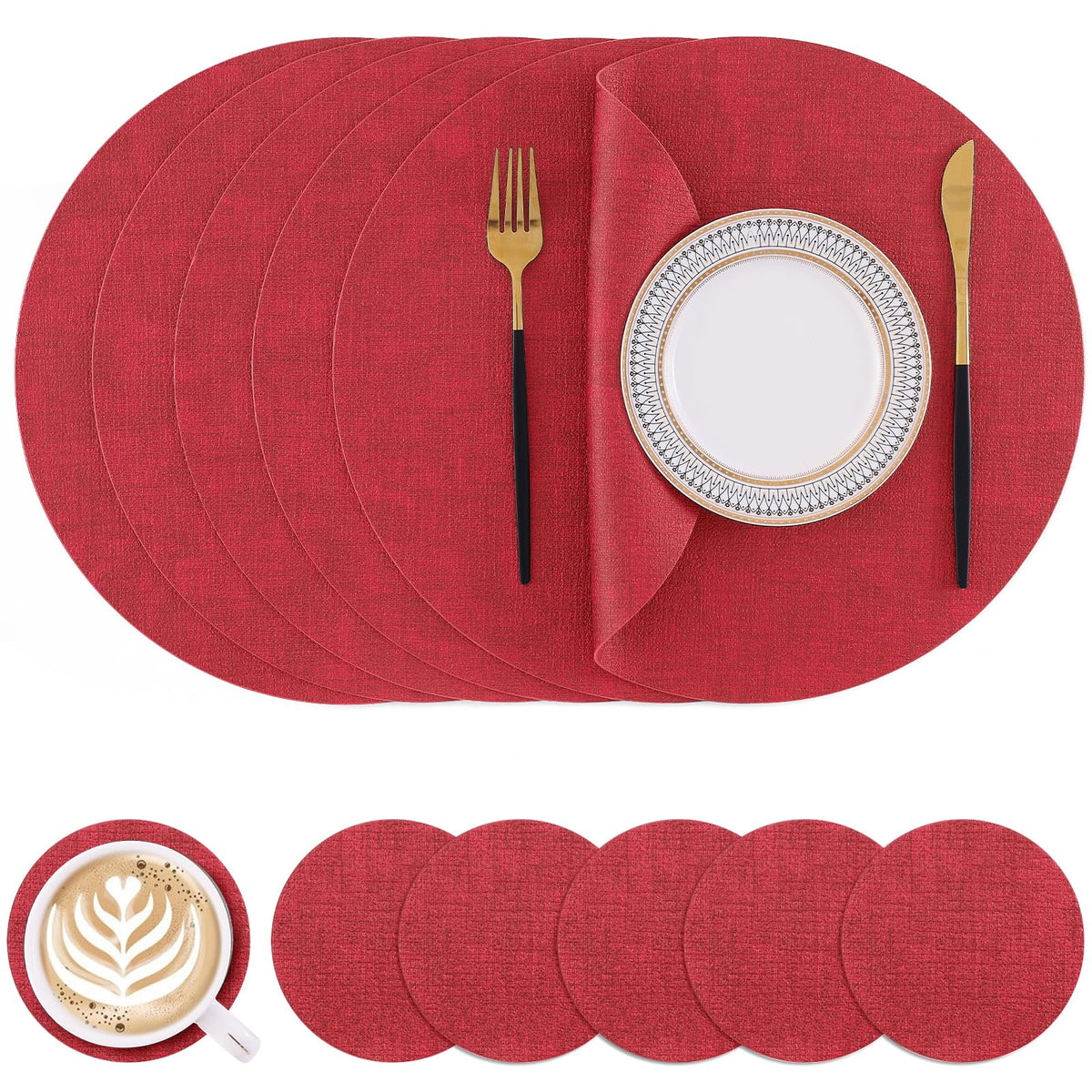 Homaxy Round Faux Leather Placemats and Coasters, Set of 4, Beige