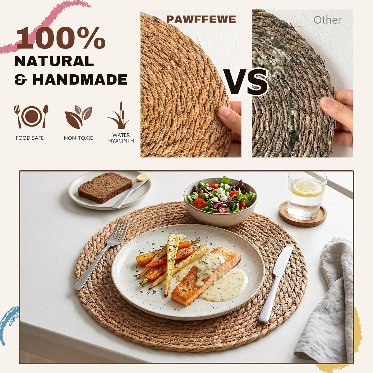 8 Pcs Woven Placemats - PAWFFEWE 13 in Round Natural Water Hyacinth Place Mats Coasters, Farmhouse Boho Straw Heat Resistant Outdoor Patio Rattan Wicker Table Mats for Dining Table,Home,Wedding