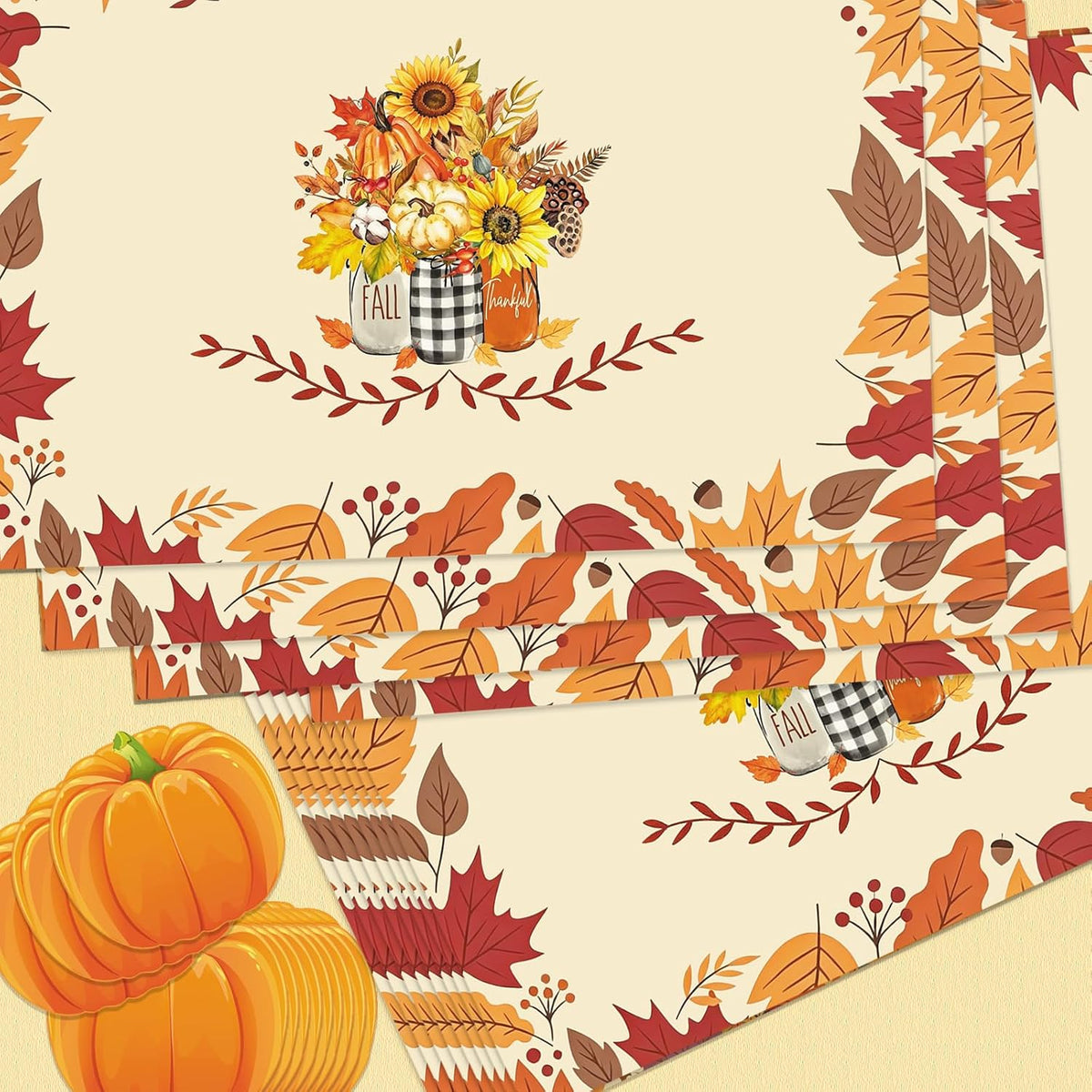 50Pcs Fall Paper Placemats, Autumn Pumpkins Disposable Placemats, 11 x 17 Inch Seasonal Thanksgiving Table Mats for Fall Party Kitchen Dining Thanksgiving Table Decoration