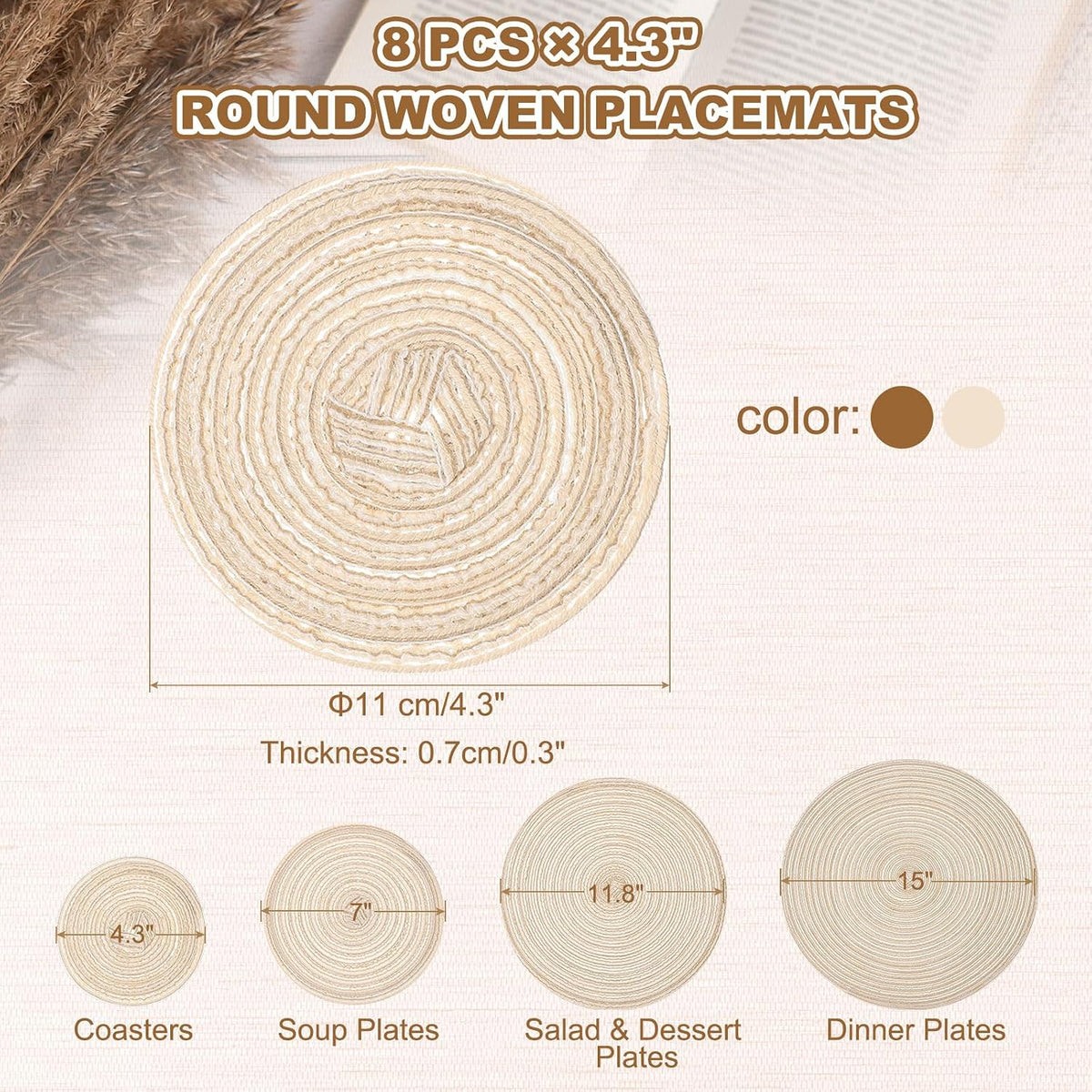 uxcell 8 Pcs Round Woven Placemats, 4.3 Inch Braided Washable Placemat Heat Resistant Decorative Place Mat for Kitchen Dining Table Countertop, Coffee/Khaki