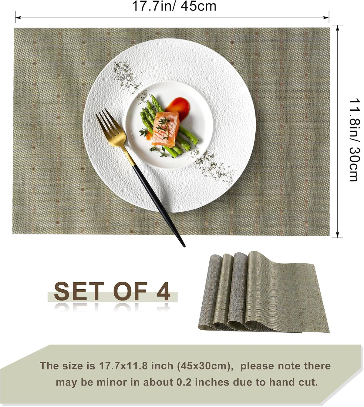 Placemats Set of 4 - Both-Side Usable Green & Gray Place Mats Durable Plastic Vinyl Woven Mats for Dining Table Deco, Heat-Resistant Table Mats Anti-Slip Wipeable (17.7 x 11.8 inch)