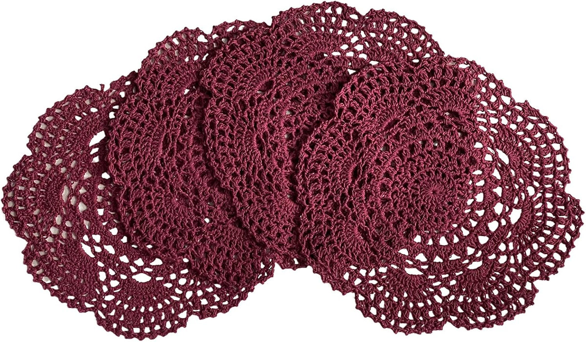 Phantomon 8 Inch Doilies Crochet Round Lace Doily Handmade Placemats 100% Cotton Crocheted Coasters, Pack of 4 (Burgundy)