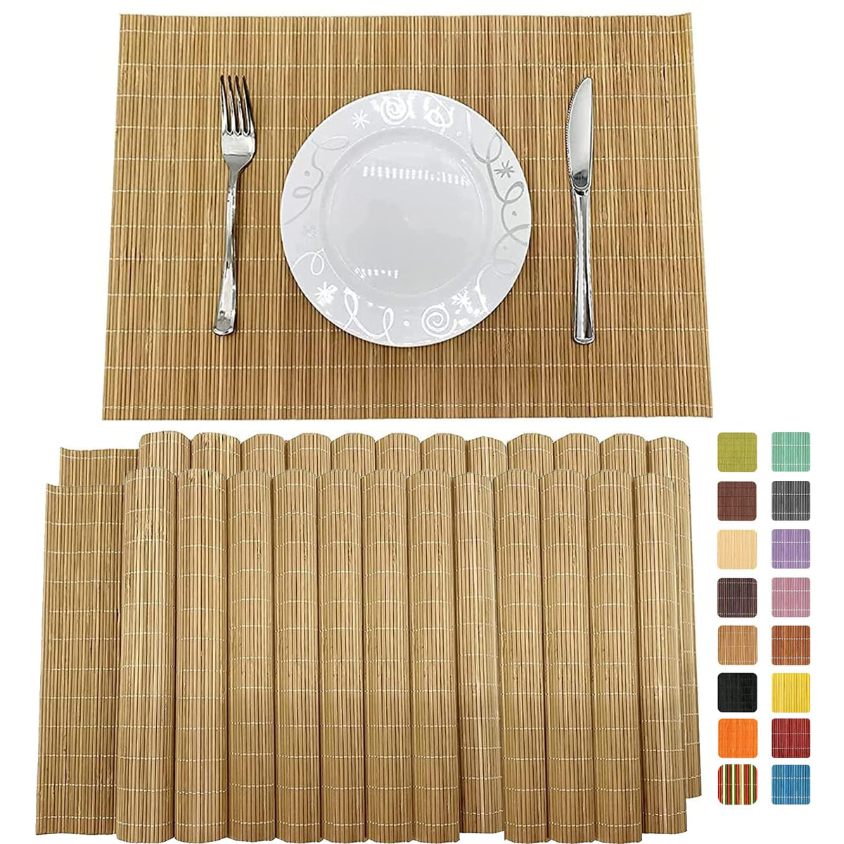 Non-Slip Bamboo Placemats Set of 6, 17.7x11.8 Inch - Heat Resistant & Easy-Clean, Natural Woven Table Mats for Daily Dining, Family Meals or Home Decor (Brown)