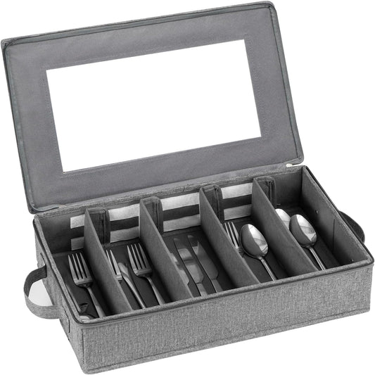 Silverware Storage Box Chest with Dividers, Flatware Utensil Storage Case,