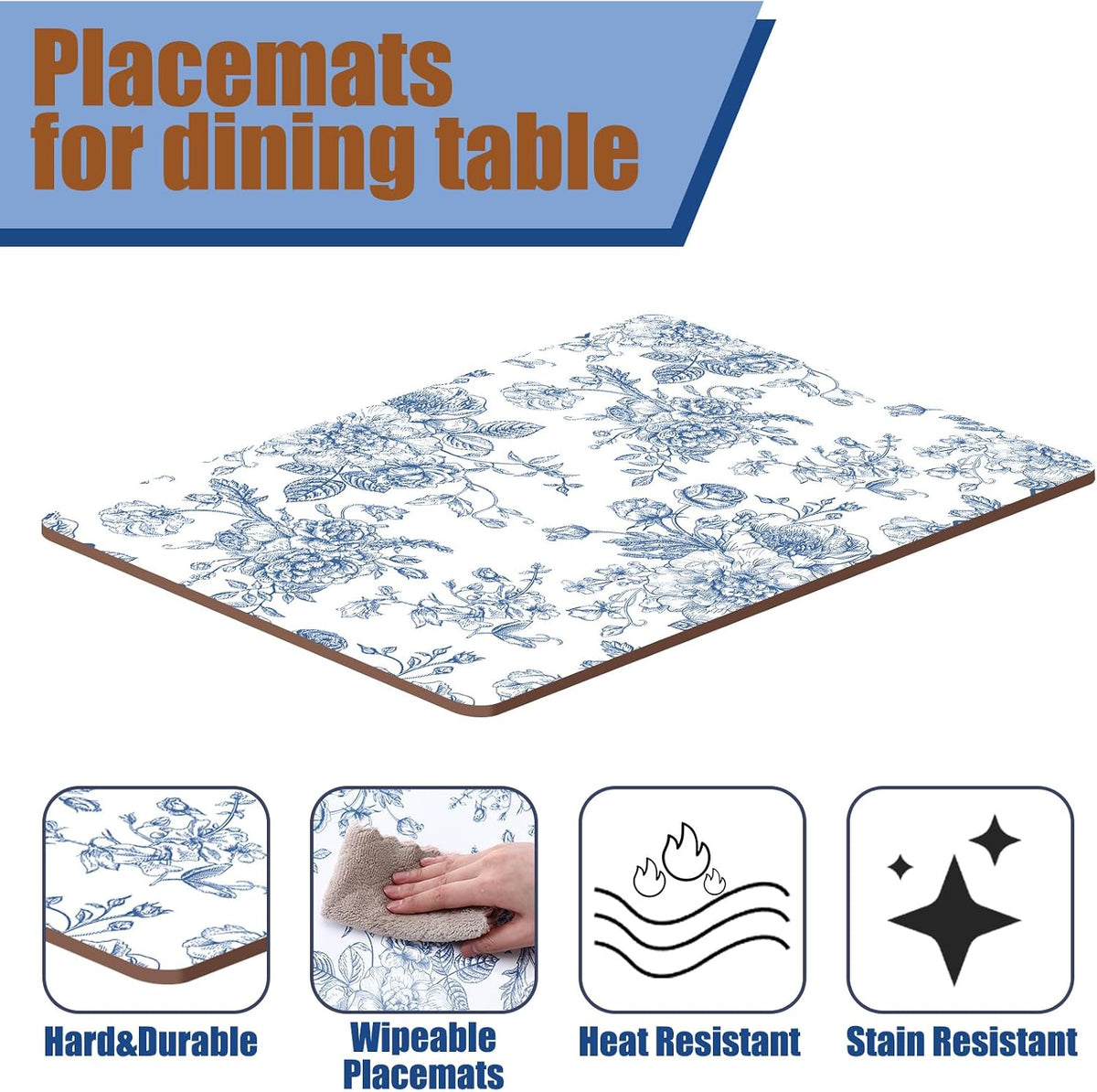 6 Sets Blue and White Floral Cork Placemats with 6 Coasters, 16x12 Inches Heat Resistant Cork Backed Table Mats, Square Coasters for Rustic Kitchen Dinner Table Setting Supplies