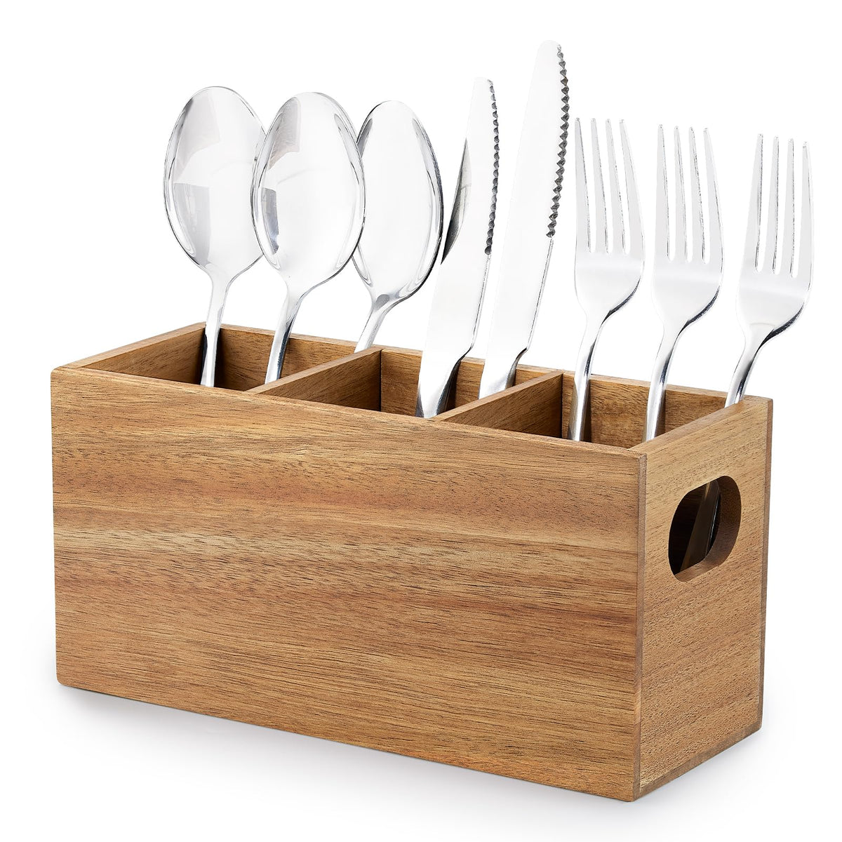 Wooden Utensil Holder Organizer for countertop, 3 Compartment Cutlery Caddy