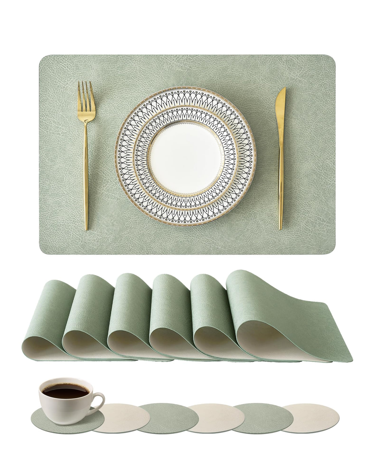 Reversible Faux Leather Placemats and Coasters Set of 4, 12x17 Inch – Hotel-Quality Heat Resistant & Waterproof Wipeable Table Mats, Non-Slip for Dining Kitchen (Mist Blue)