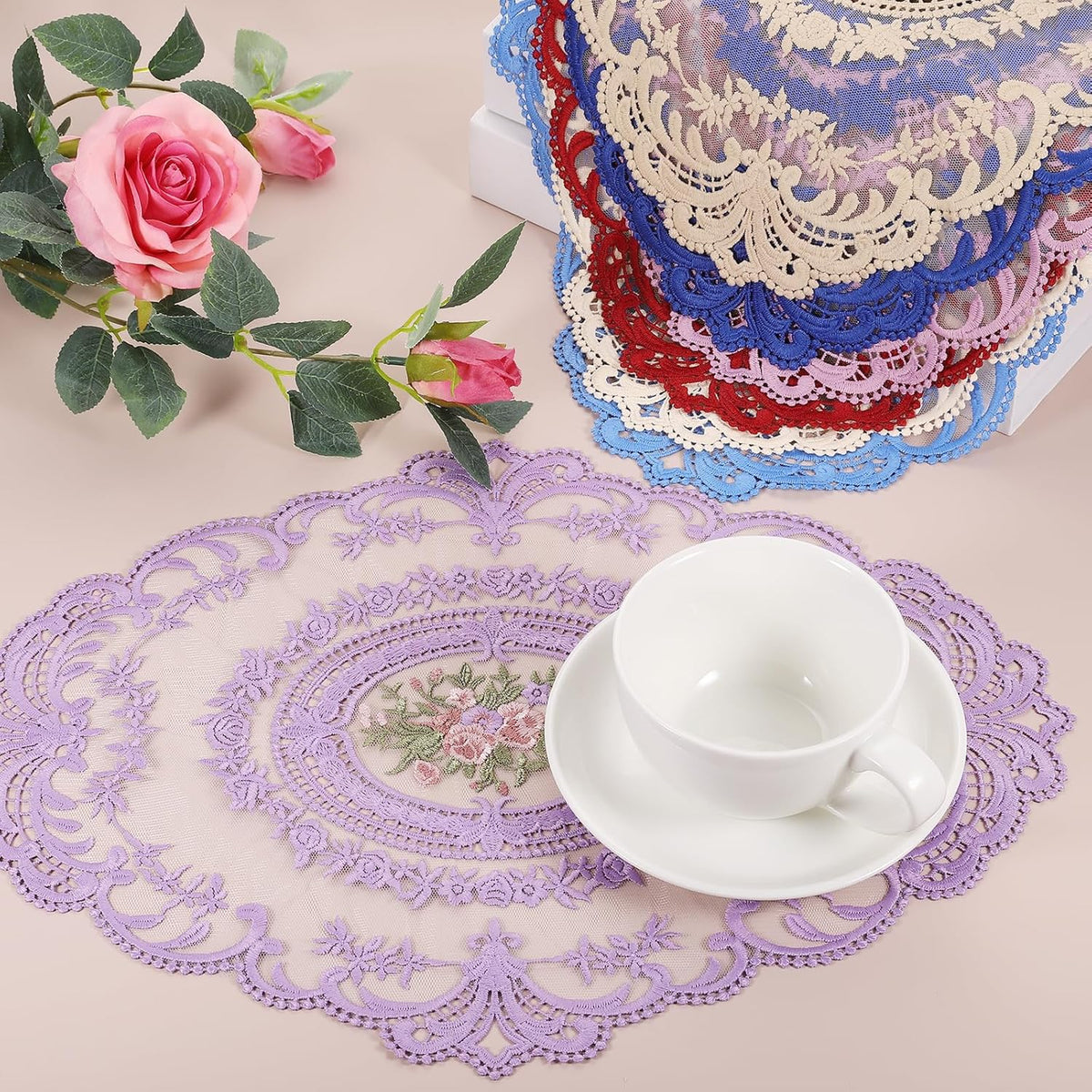 uxcell Retro Lace Placemat 16x22-in Oval Embroidered Table Place Mats French Crochet Doilies Coasters Cup Mat for Home Wedding, Pure White