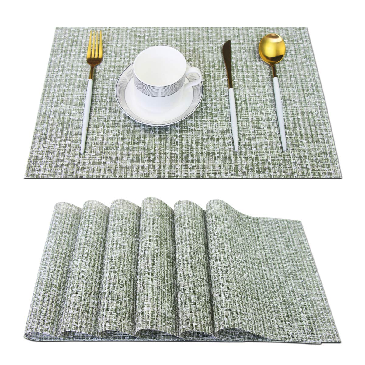 PIGCHCY Beige Placemats Set of 4 Vinyl PVC Durable Place Mats for Dining Table,Heat Resistant Non-Slip Woven Tabel Mats (18x12 inches, Beige)