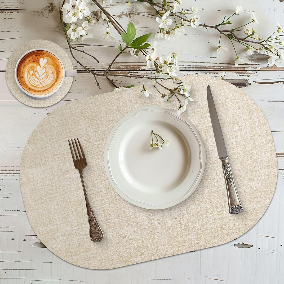 Faux Leather Placemats Set of 4 with Matching Coasters, Heat Resistant PU Oval Placemats, Waterproof Wipeable Washable Place Mats, Non-Slip Table Placemats for Dining Table Kitchen Patio