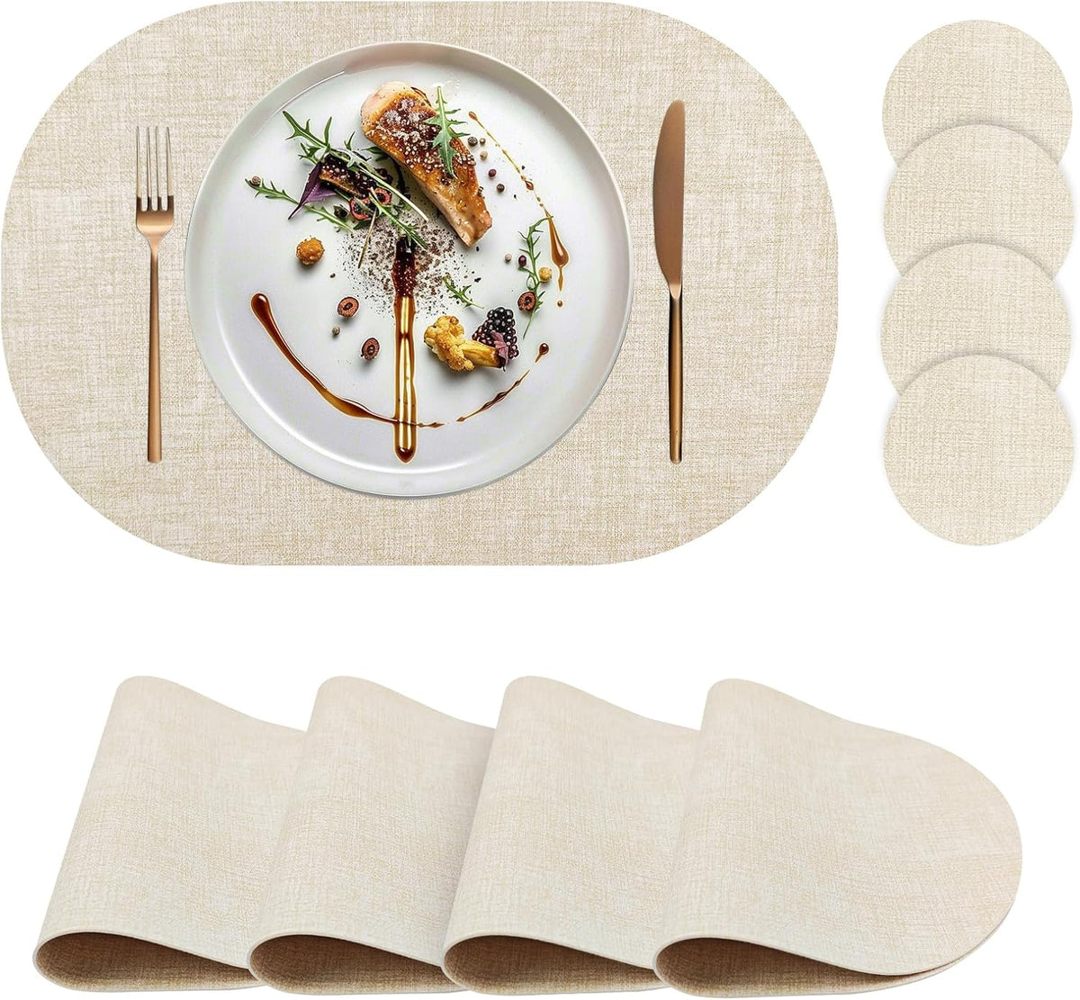 Faux Leather Placemats Set of 4 with Matching Coasters, Heat Resistant PU Oval Placemats, Waterproof Wipeable Washable Place Mats, Non-Slip Table Placemats for Dining Table Kitchen Patio