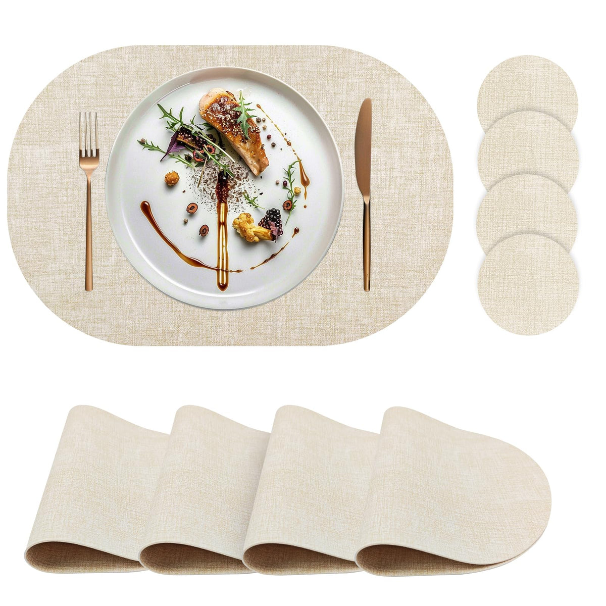 Faux Leather Placemats Set of 4 with Matching Coasters, Heat Resistant PU Oval Placemats, Waterproof Wipeable Washable Place Mats, Non-Slip Table Placemats for Dining Table Kitchen Patio