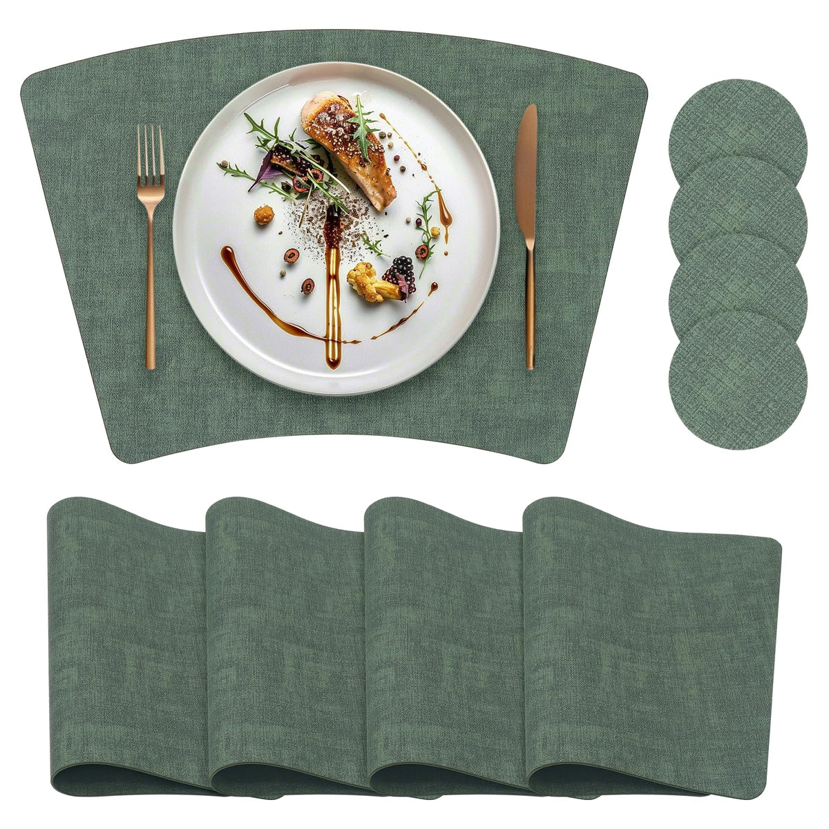 Round Table Placemats Set of 4, Wedge Shaped Faux Leather Table Mats, Heat Resistant Wipeable Washable Place Mats for Dining Table Dinner Kitchen Indoor Outdoor