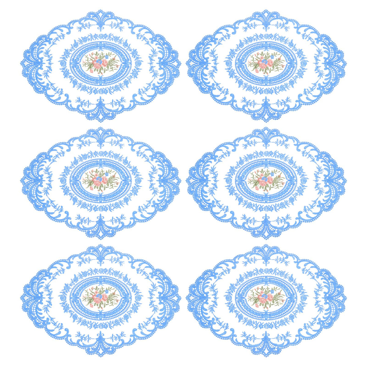 uxcell 6Pack Retro Lace Placemat 12x16-in Oval Embroidered Table Place Mats French Crochet Doilies Coasters Cup Mat for Home Wedding, Sapphire Blue