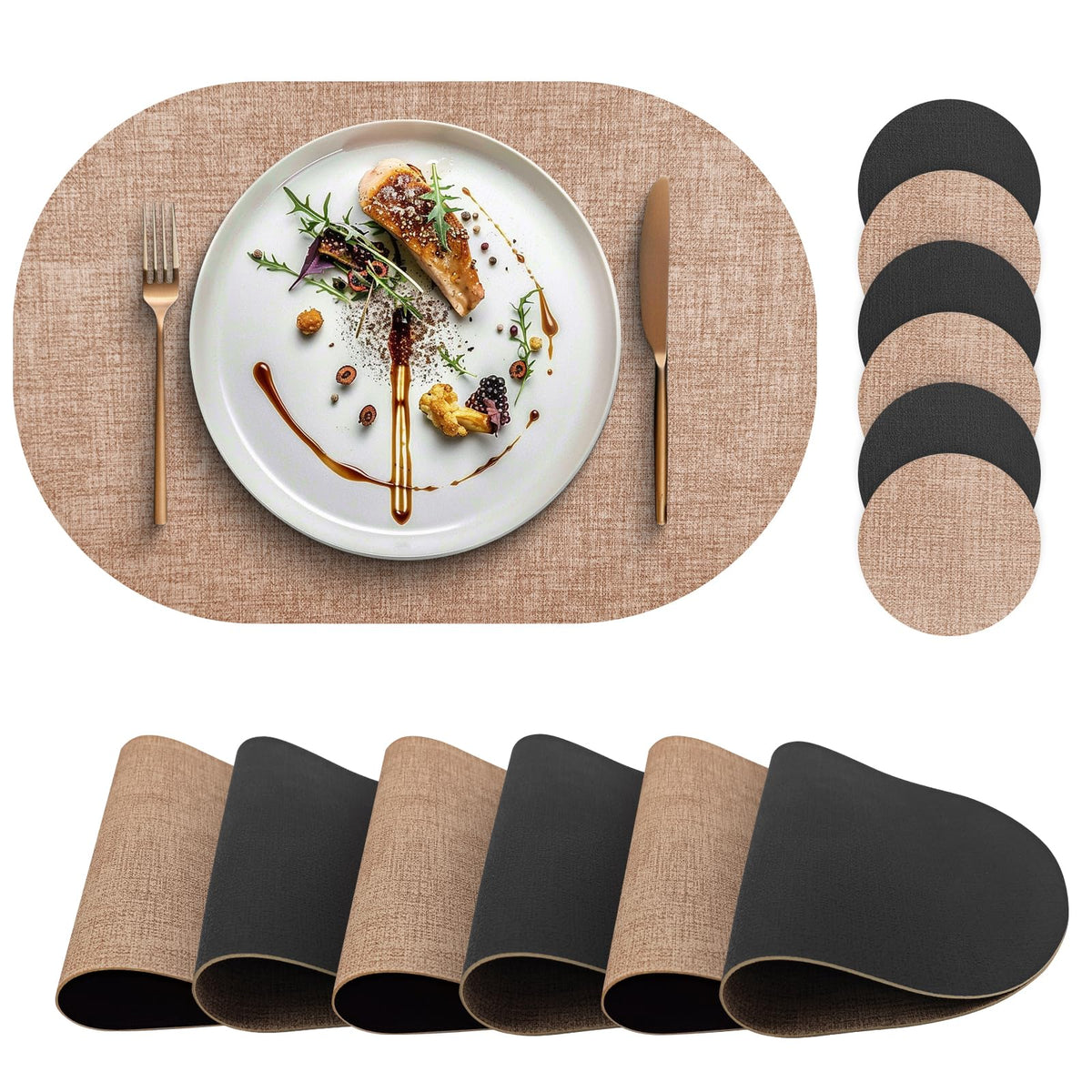 Faux Leather Placemats Set of 4 with Matching Coasters, Heat Resistant PU Oval Placemats, Waterproof Wipeable Washable Place Mats, Non-Slip Table Placemats for Dining Table Kitchen Patio
