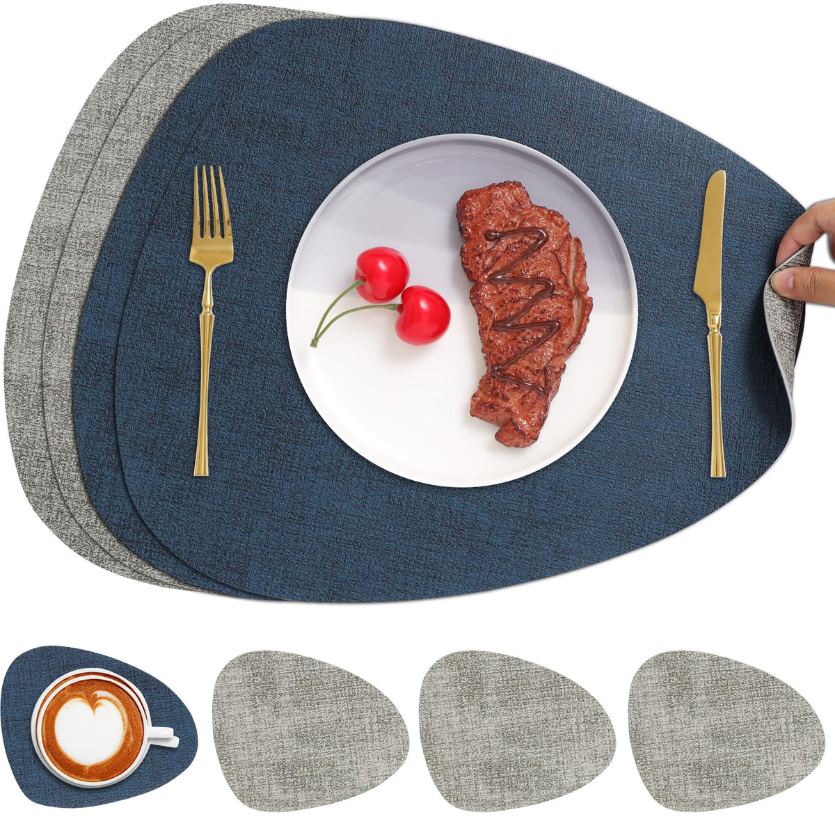Faux Leather Placemats Set of 4, Dual Sided with Drink Coasters