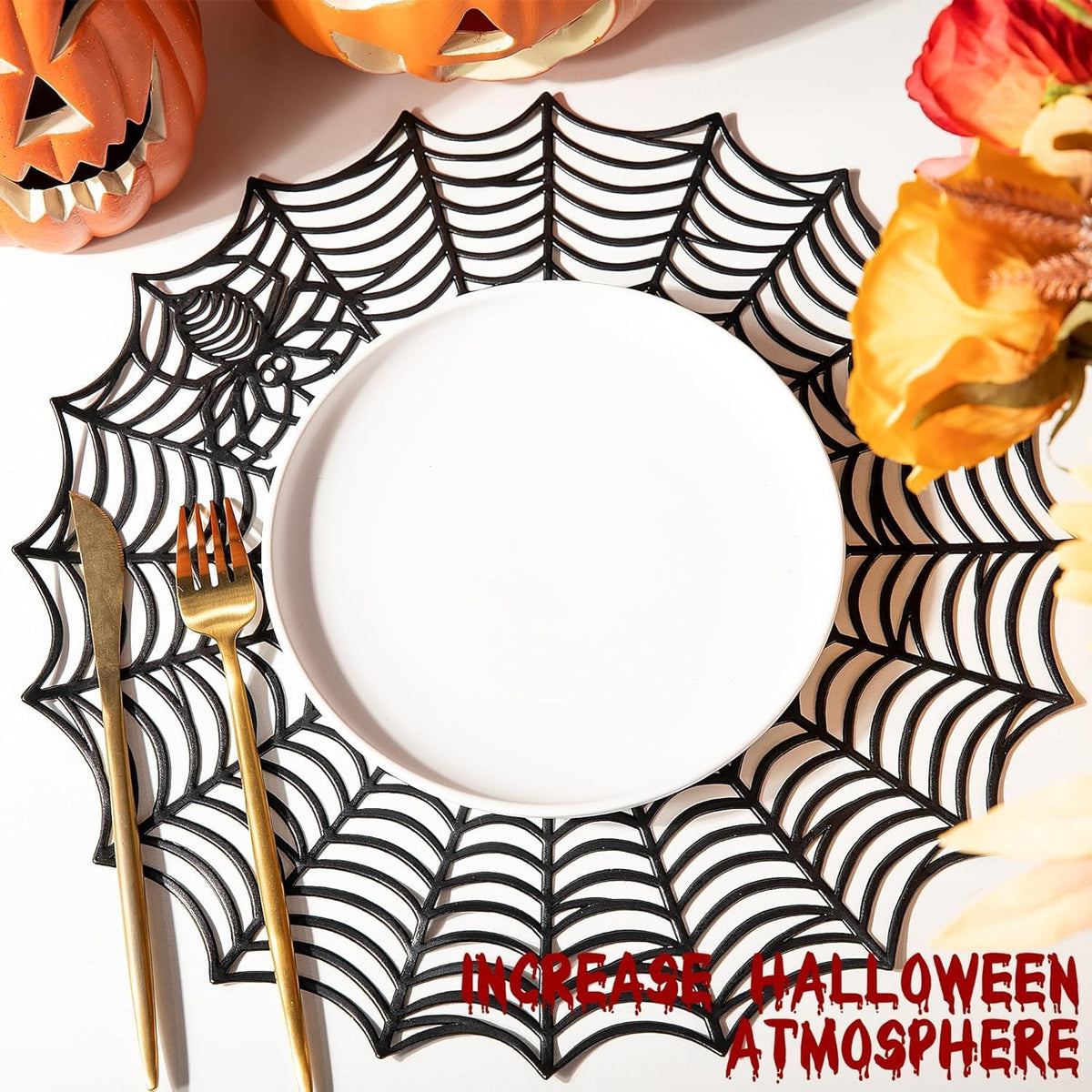 8 Pcs Halloween Spider Web Placemats, 15" Non Slip Halloween Table Mats