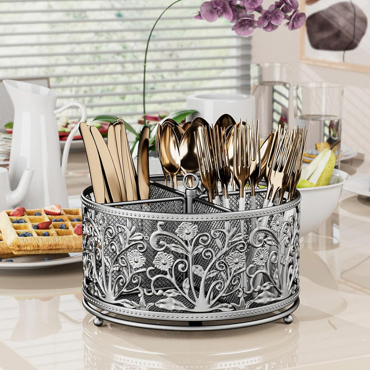 YIUKEA 360° Rotating Flatware Caddy - 4 Compartments Metal Mesh