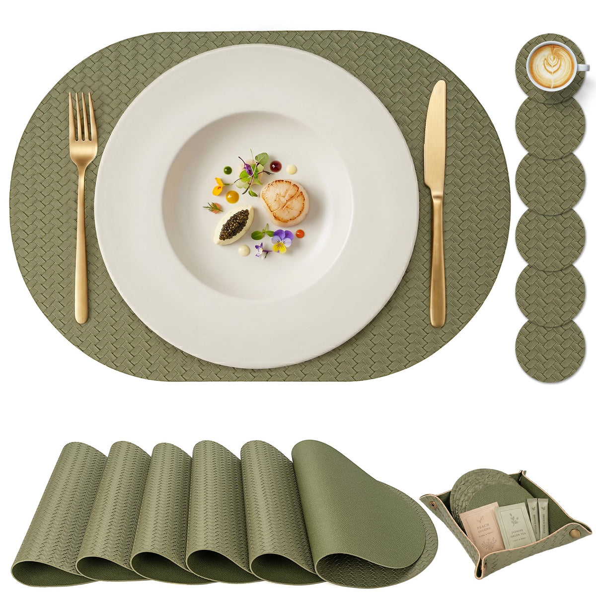 Woven Faux Leather Oval Placemats Set of 4/6 with Coasters & Tray, Heat Resistant, Non-Slip, Washable Dining Table Mats