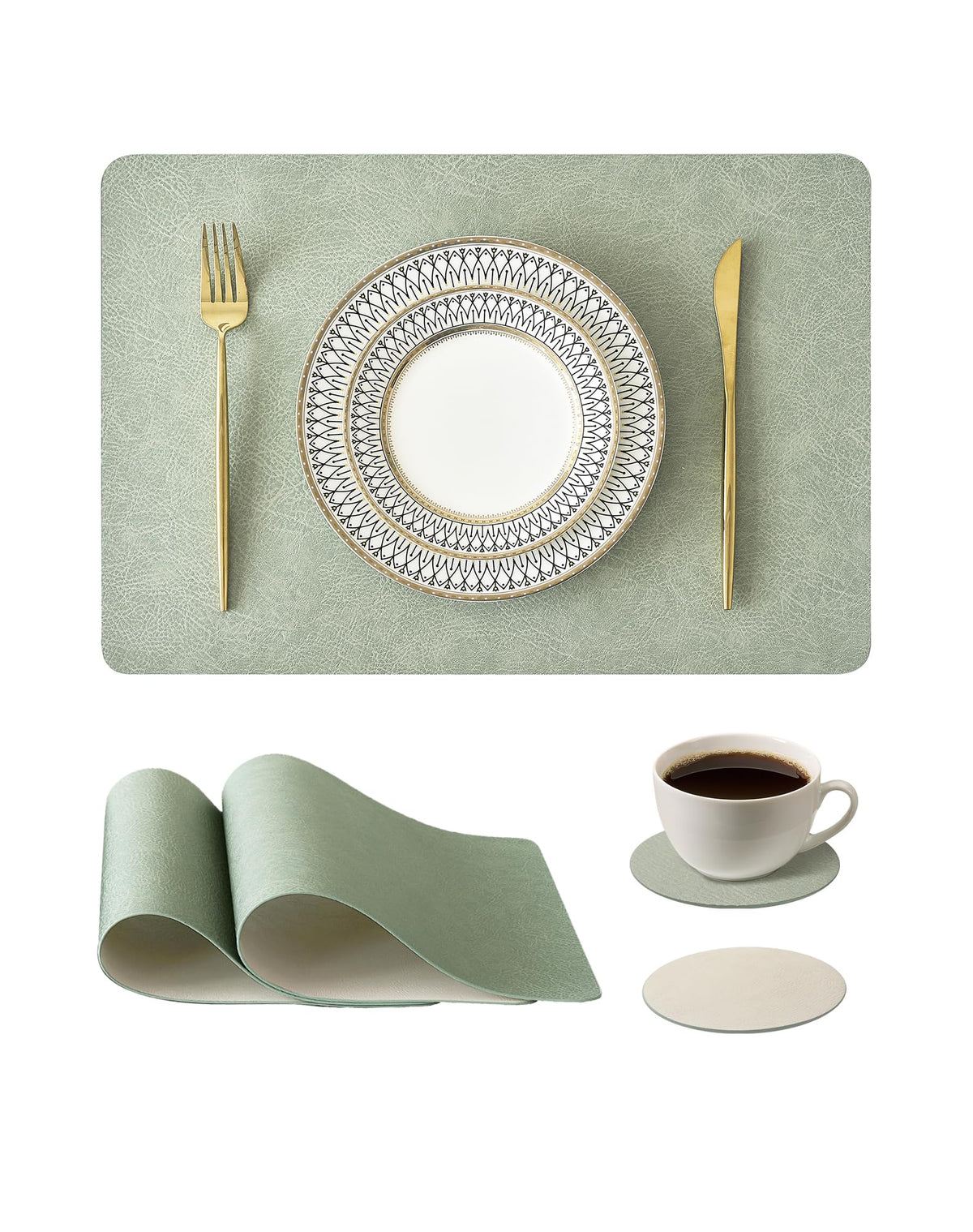 Reversible Faux Leather Placemats and Coasters Set of 4, 12x17 Inch – Hotel-Quality Heat Resistant & Waterproof Wipeable Table Mats, Non-Slip for Dining Kitchen (Mist Blue)
