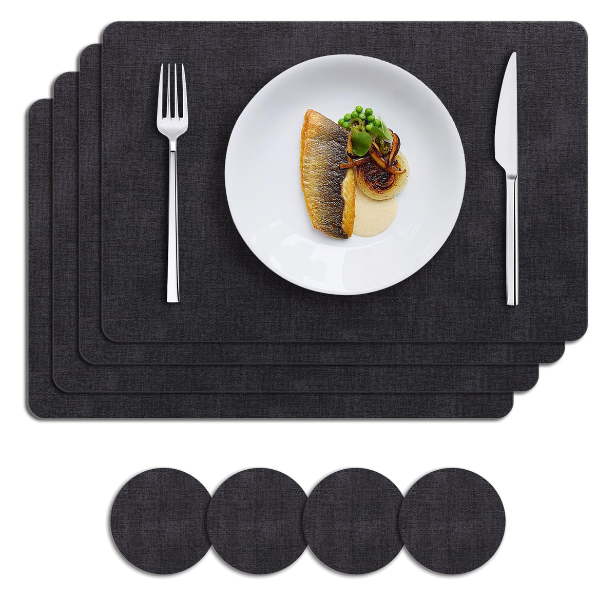 MOSAYT Placemats Set of 8, Heat Resistant Vinyl Place Mats with Coasters, Wipeable Washable 100% Waterproof Oil Proof Faux Leather Table Mats for Kitchen Dining Party Outdoor, 12" x 17", Orange