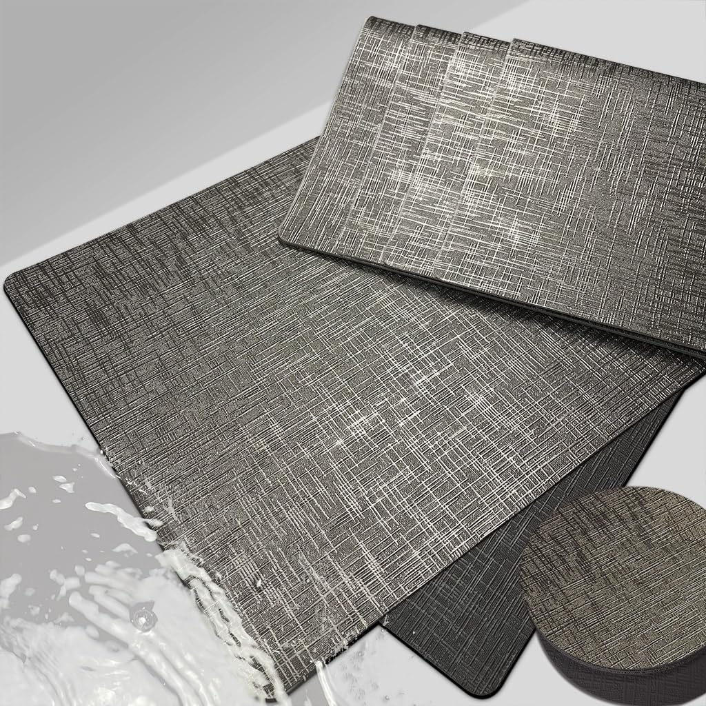 Elegant Placemats and Coasters Set 6, Vinyl Washable Place Mats with Non-Slip Stripes & Metallic Finish, Durable Dining Table Placemats Sets of 6, Dinner Table Mat with Coasters for Table Decor-Silver